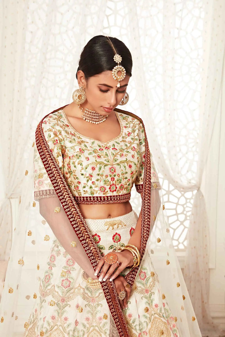 Off White Silk Lehenga With Thread Dori Zari And Sequins Embroidery With Diamond Work | Ready To Wear - qivii