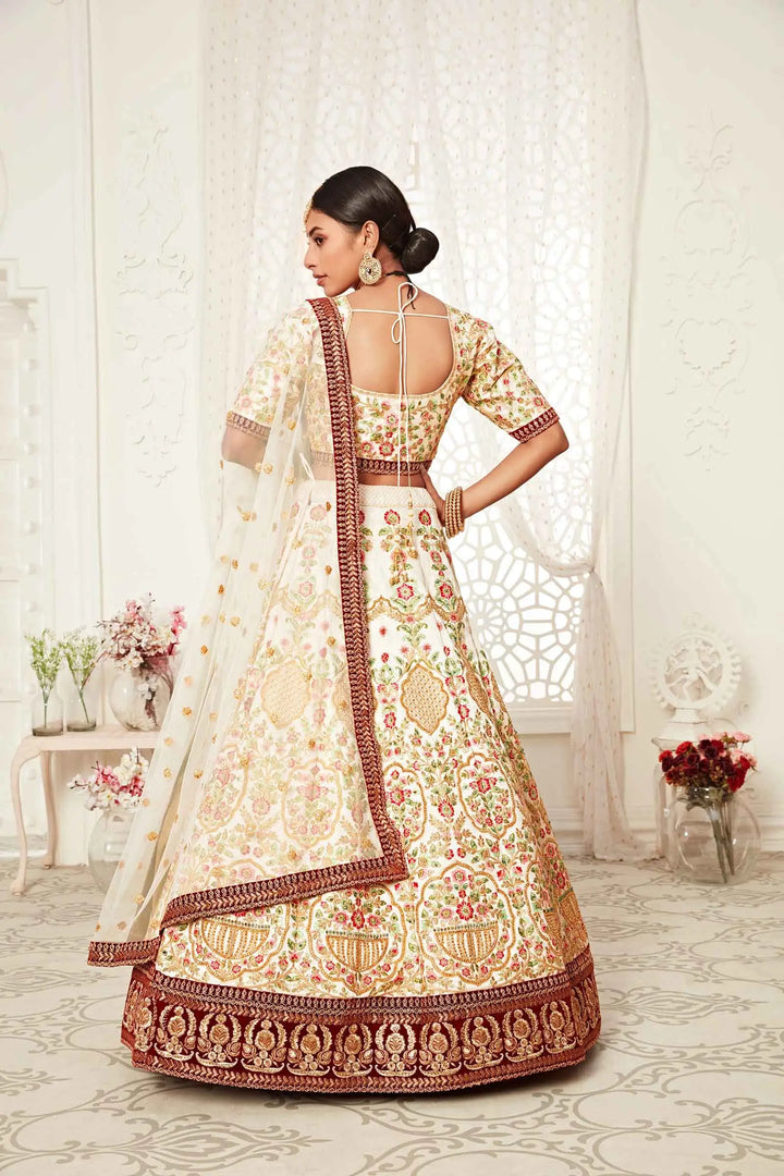 Off White Silk Lehenga With Thread Dori Zari And Sequins Embroidery With Diamond Work | Ready To Wear - qivii