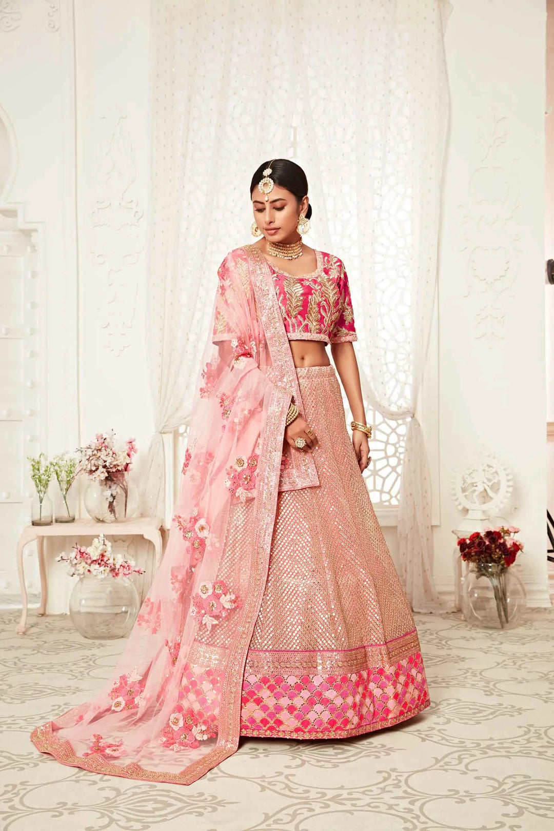 Flamingo Pink Soft Net Lehenga With Thread Dori Zari And Sequins Embroidery Work | Ready To Wear - qivii