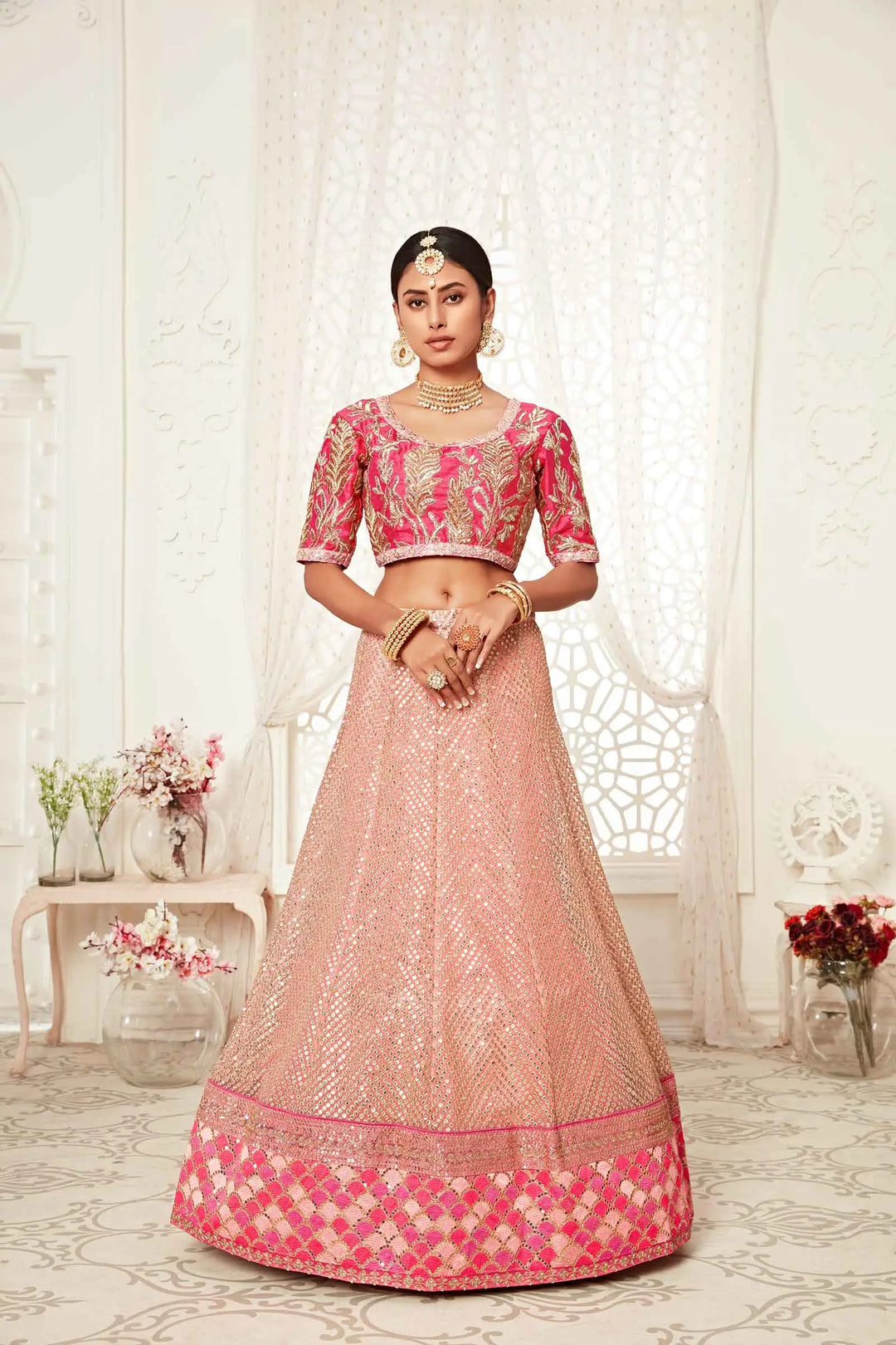 Flamingo Pink Soft Net Lehenga With Thread Dori Zari And Sequins Embroidery Work | Ready To Wear - qivii