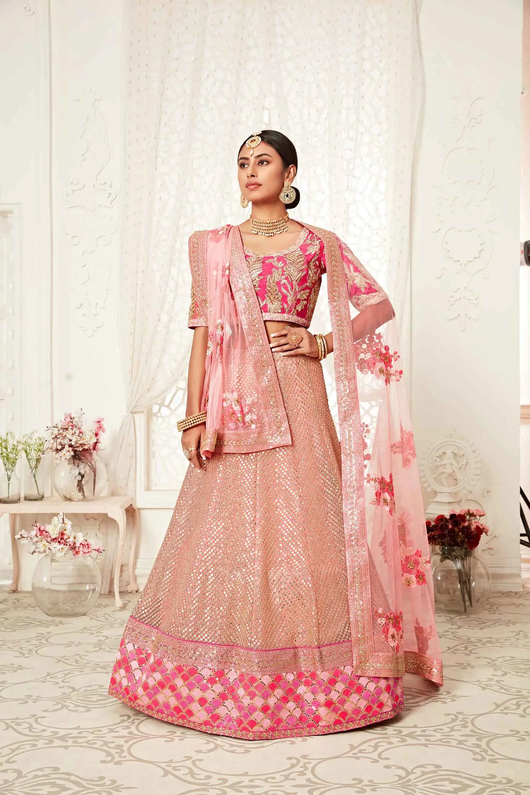 Flamingo Pink Soft Net Lehenga With Thread Dori Zari And Sequins Embroidery Work | Ready To Wear - qivii