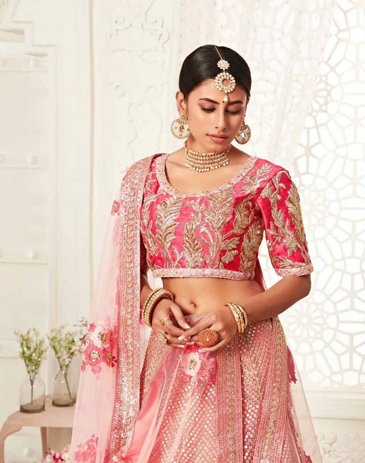 Flamingo Pink Soft Net Lehenga With Thread Dori Zari And Sequins Embroidery Work | Ready To Wear - qivii