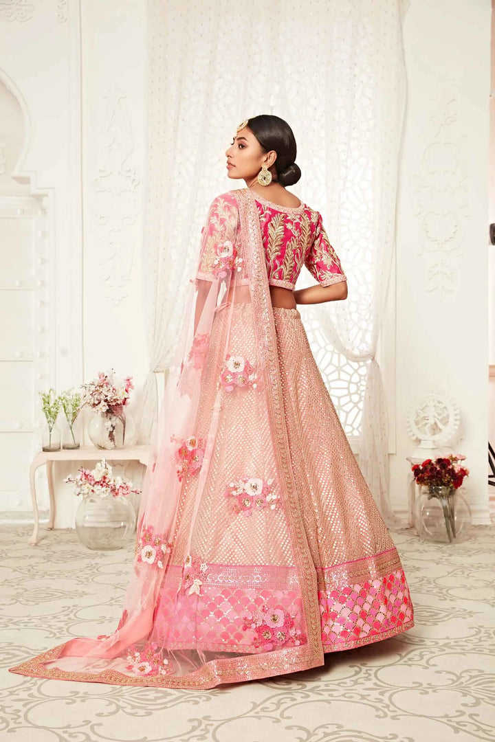 Flamingo Pink Soft Net Lehenga With Thread Dori Zari And Sequins Embroidery Work | Ready To Wear - qivii