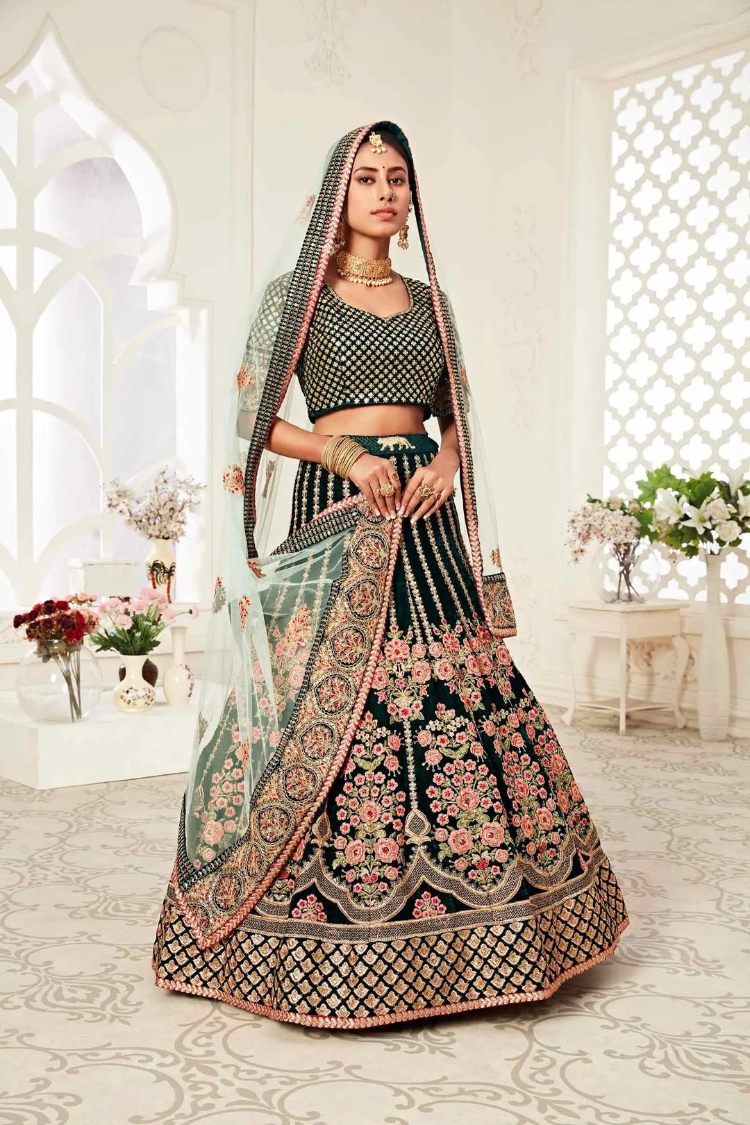 Dark Green Velvet Lehenga With Thread Dori Zari And Sequins Embroidery With Diamond Work | Ready To Wear - qivii