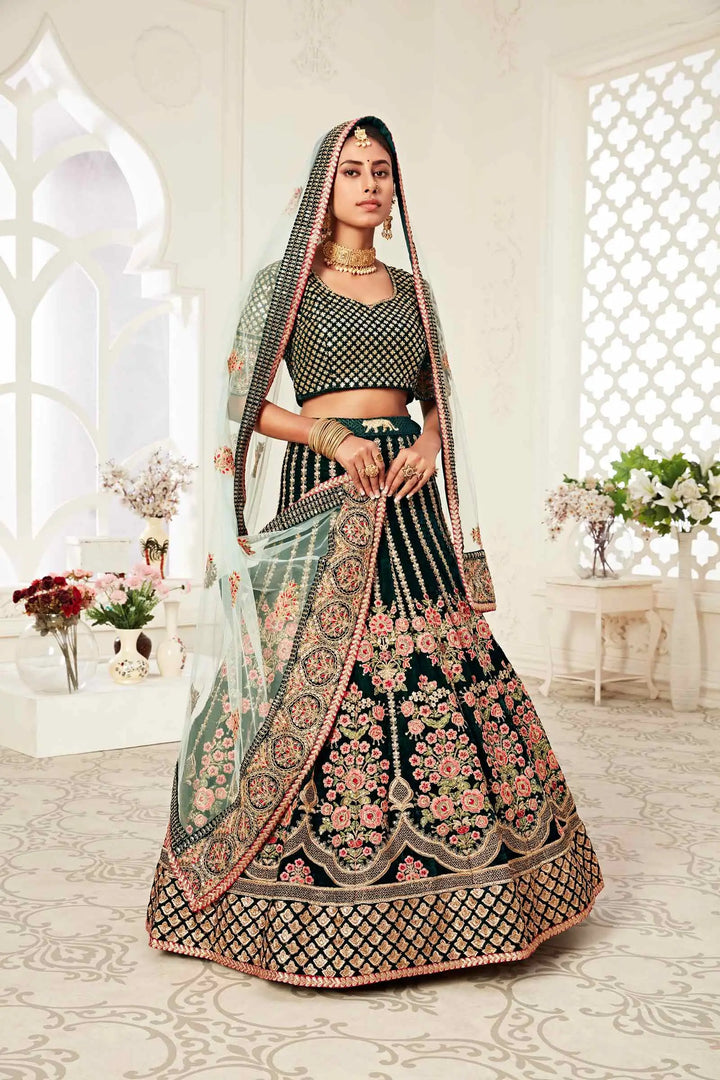 Dark Green Velvet Lehenga With Thread Dori Zari And Sequins Embroidery With Diamond Work | Ready To Wear - qivii