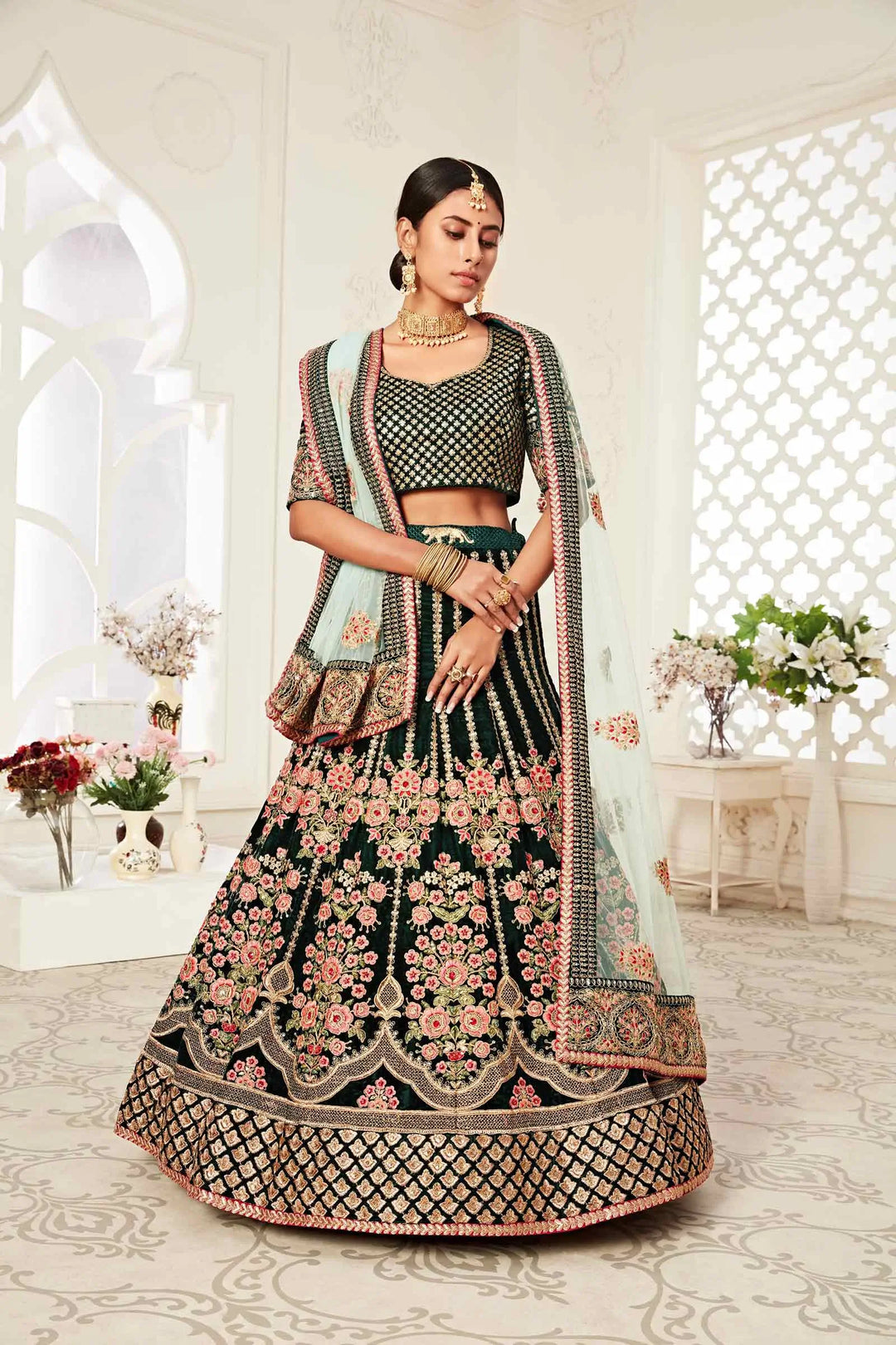Dark Green Velvet Lehenga With Thread Dori Zari And Sequins Embroidery With Diamond Work | Ready To Wear - qivii