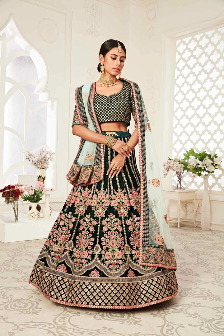 Dark Green Velvet Lehenga With Thread Dori Zari And Sequins Embroidery With Diamond Work | Ready To Wear - qivii