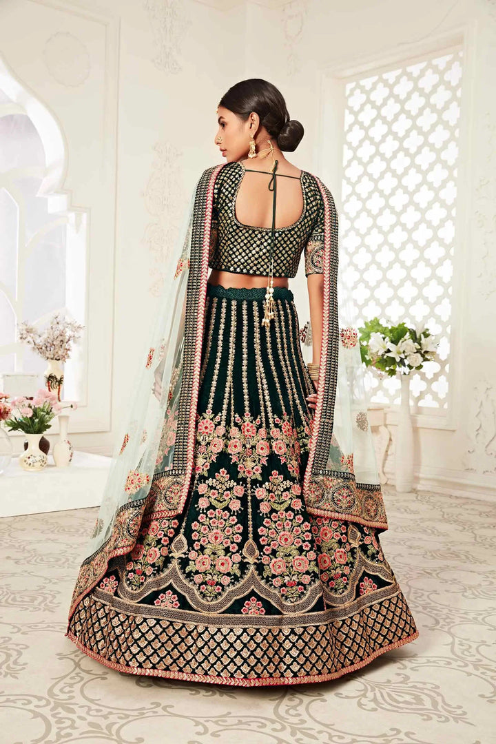 Dark Green Velvet Lehenga With Thread Dori Zari And Sequins Embroidery With Diamond Work | Ready To Wear - qivii