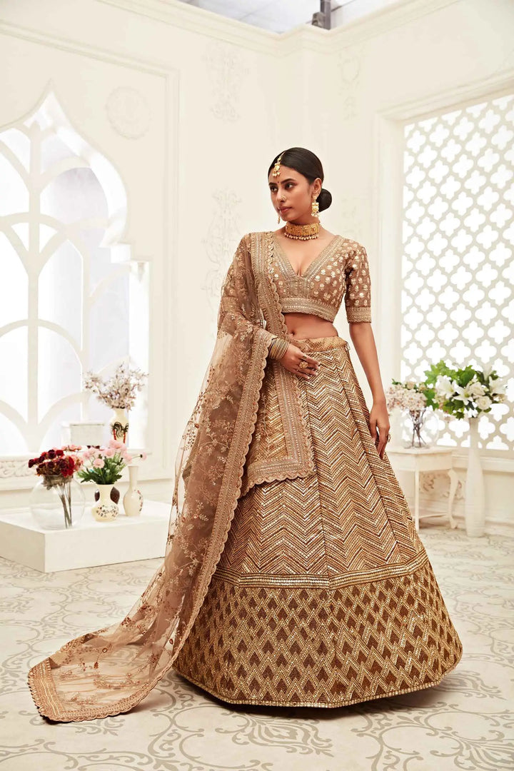 Golden Brown Silk Lehenga With Thread Dori Zari And Sequins Embroidery Work | Ready To Wear - qivii