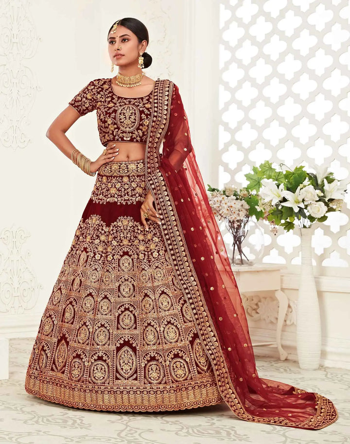 Red Maroon Velvet Lehenga With Thread Zari Dori And Sequins Embroidery Work | Ready To Wear - qivii