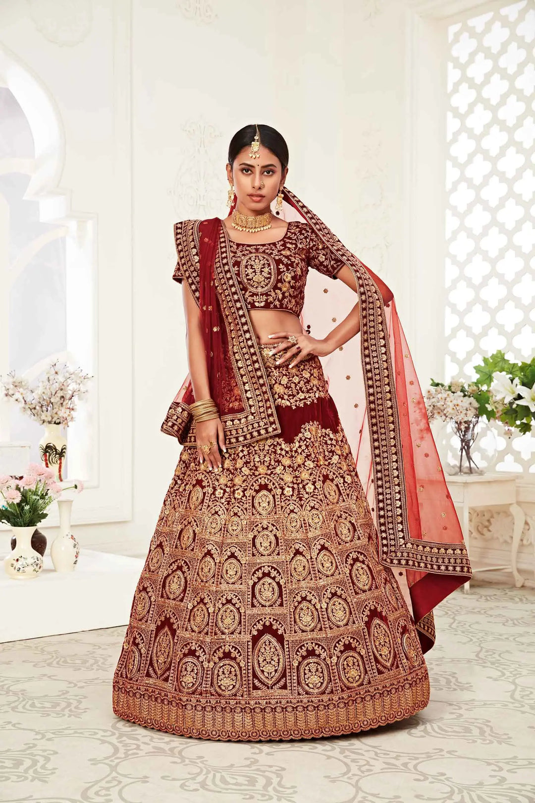 Red Maroon Velvet Lehenga With Thread Zari Dori And Sequins Embroidery Work | Ready To Wear - qivii