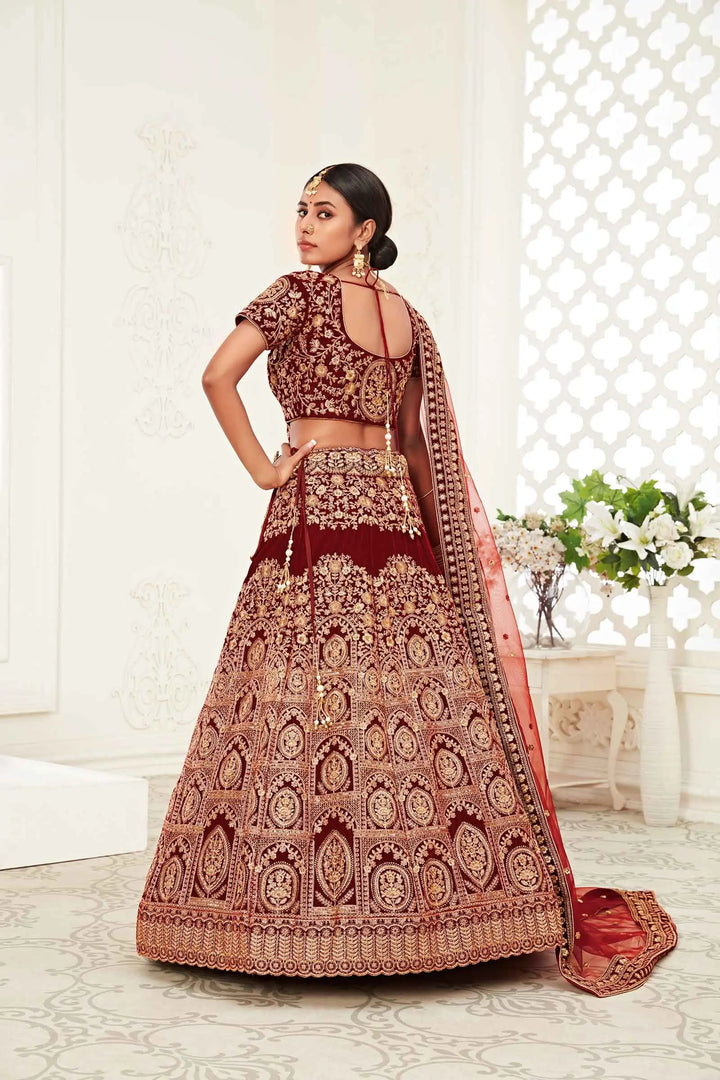 Red Maroon Velvet Lehenga With Thread Zari Dori And Sequins Embroidery Work | Ready To Wear - qivii