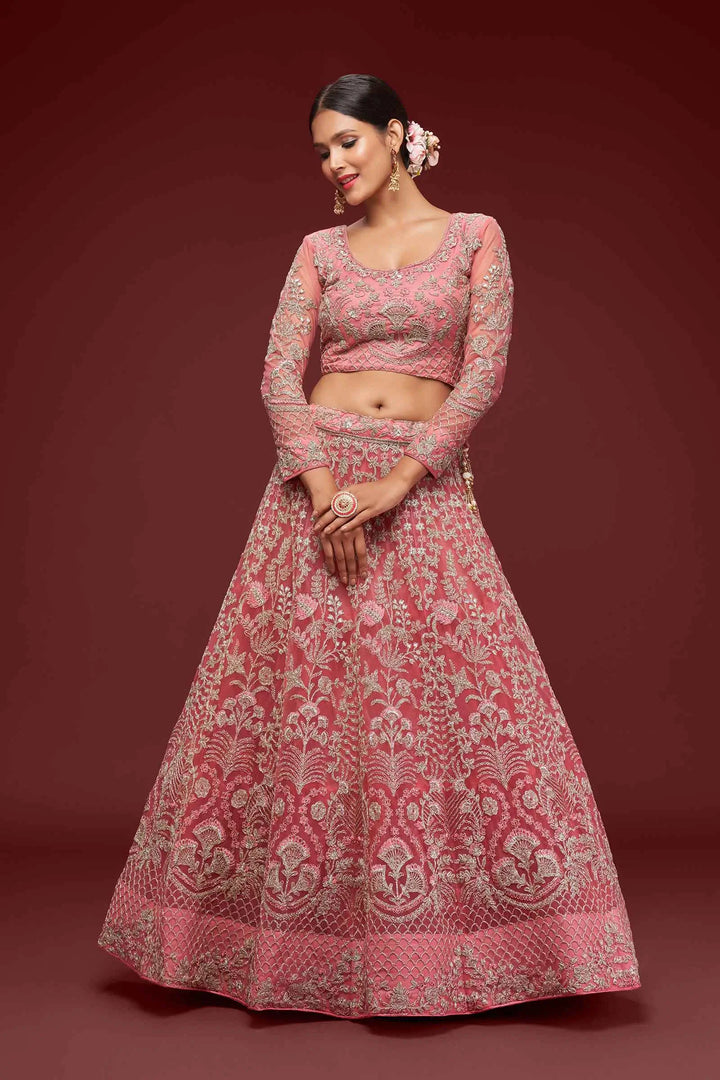 Fantasy Rose Soft Net Lehenga With Thread Zari Badla And Glitter Dori Embroidery Work | Ready To Wear - qivii