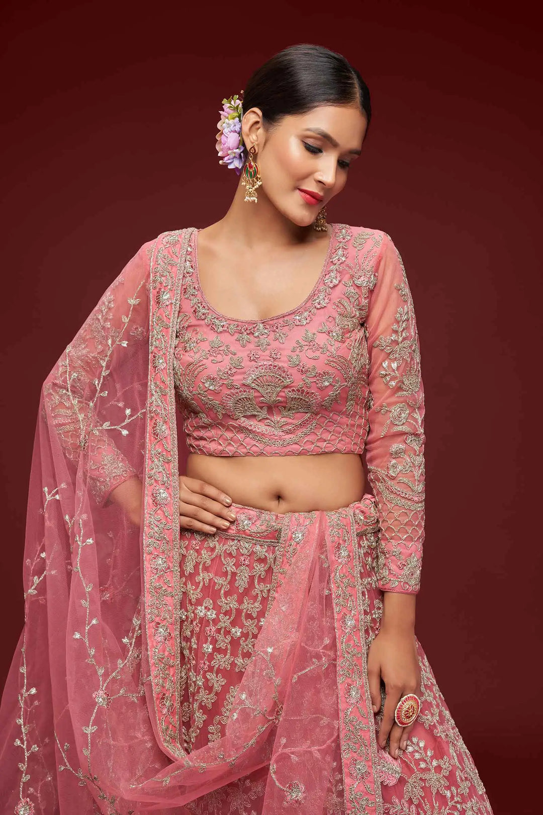 Fantasy Rose Soft Net Lehenga With Thread Zari Badla And Glitter Dori Embroidery Work | Ready To Wear - qivii