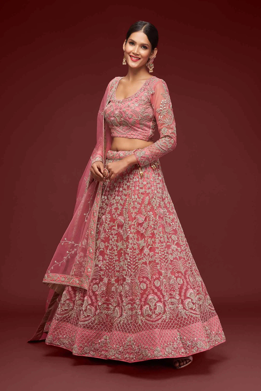 Fantasy Rose Soft Net Lehenga With Thread Zari Badla And Glitter Dori Embroidery Work | Ready To Wear - qivii