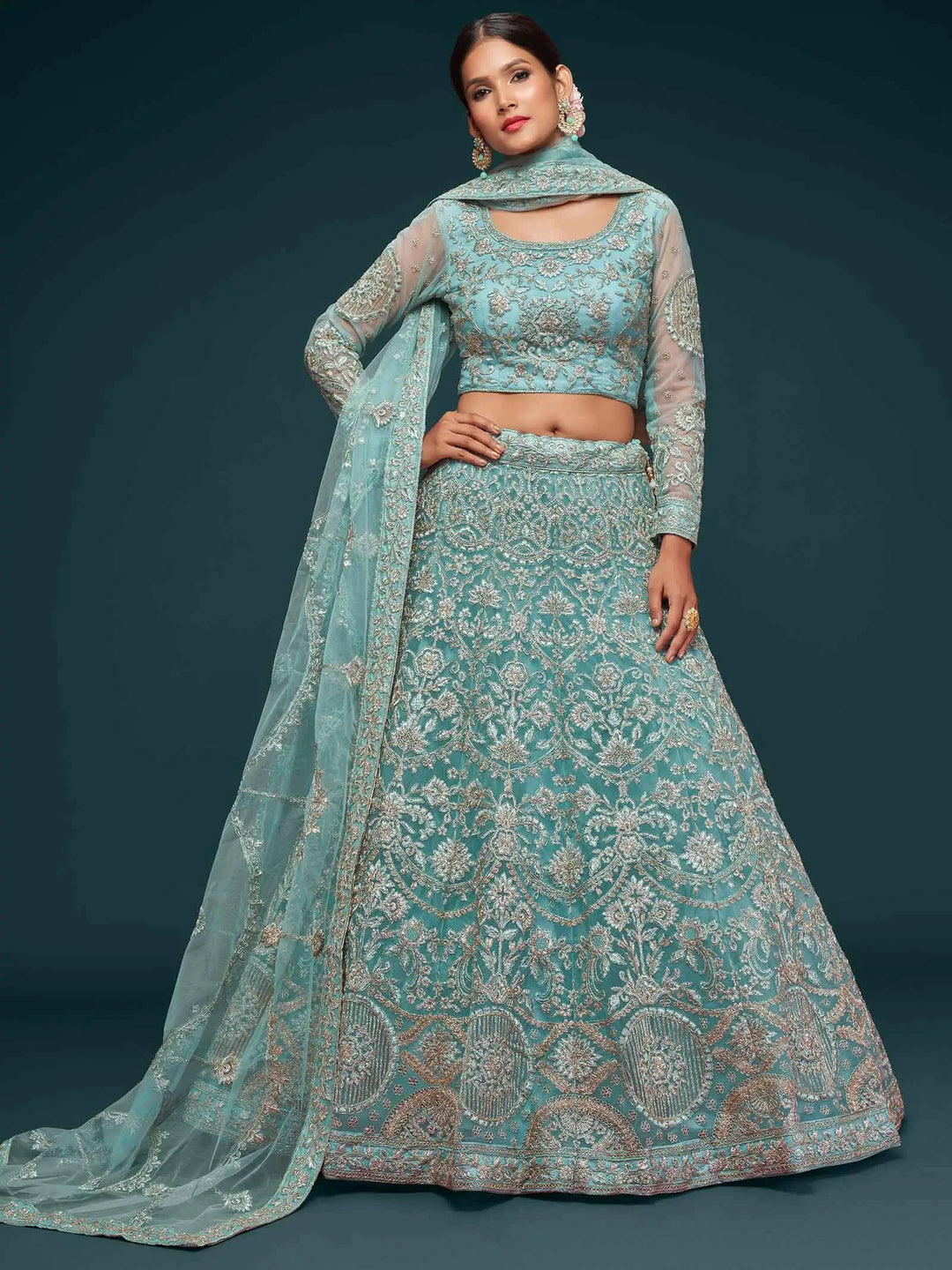 Ocean Aqua Soft Net Lehenga With Thread Zari Badla And Glitter Dori Embroidery Work | Ready To Wear - qivii