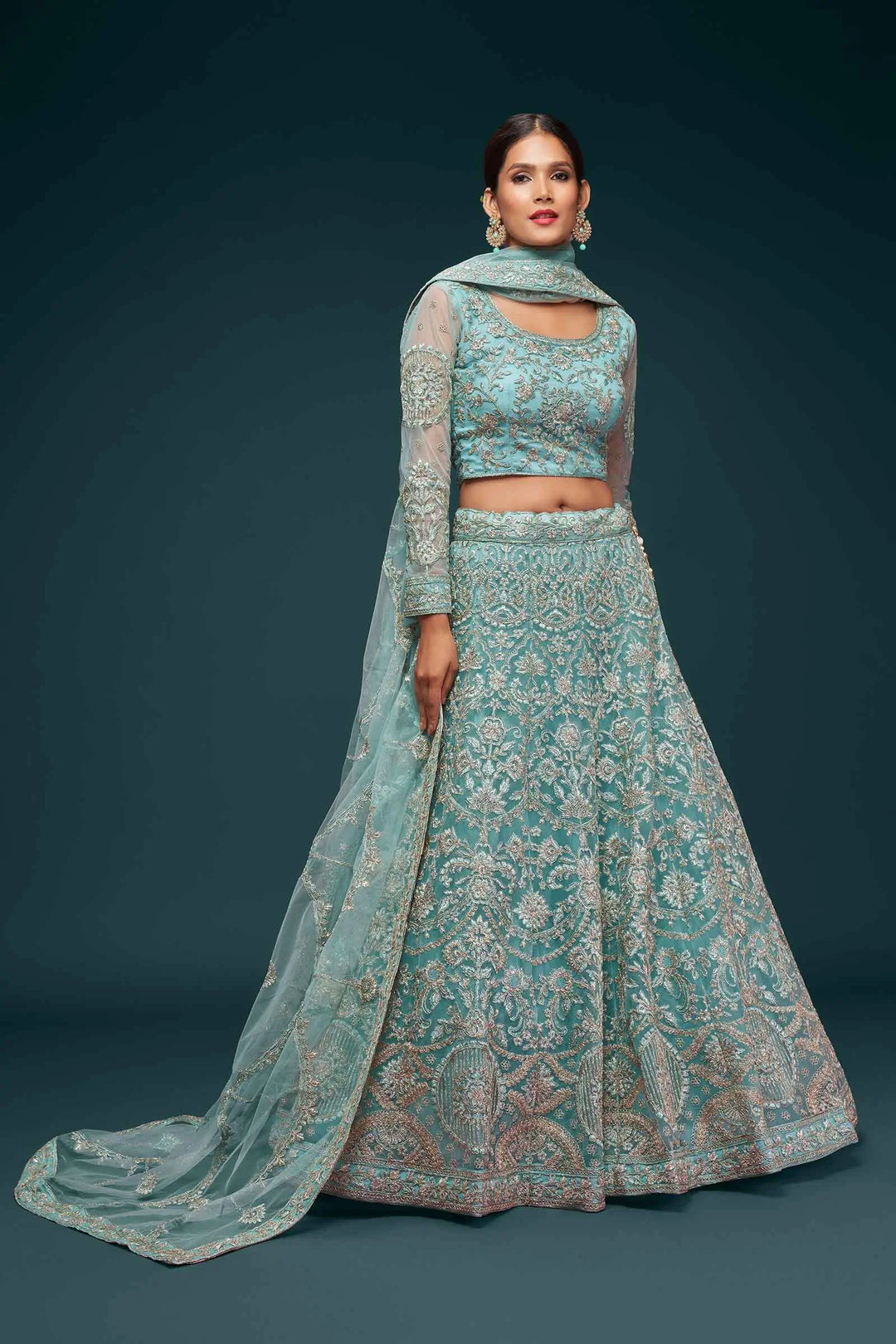 Ocean Aqua Soft Net Lehenga With Thread Zari Badla And Glitter Dori Embroidery Work | Ready To Wear - qivii