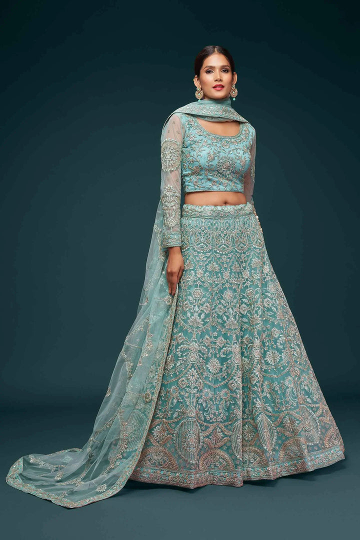 Ocean Aqua Soft Net Lehenga With Thread Zari Badla And Glitter Dori Embroidery Work | Ready To Wear - qivii