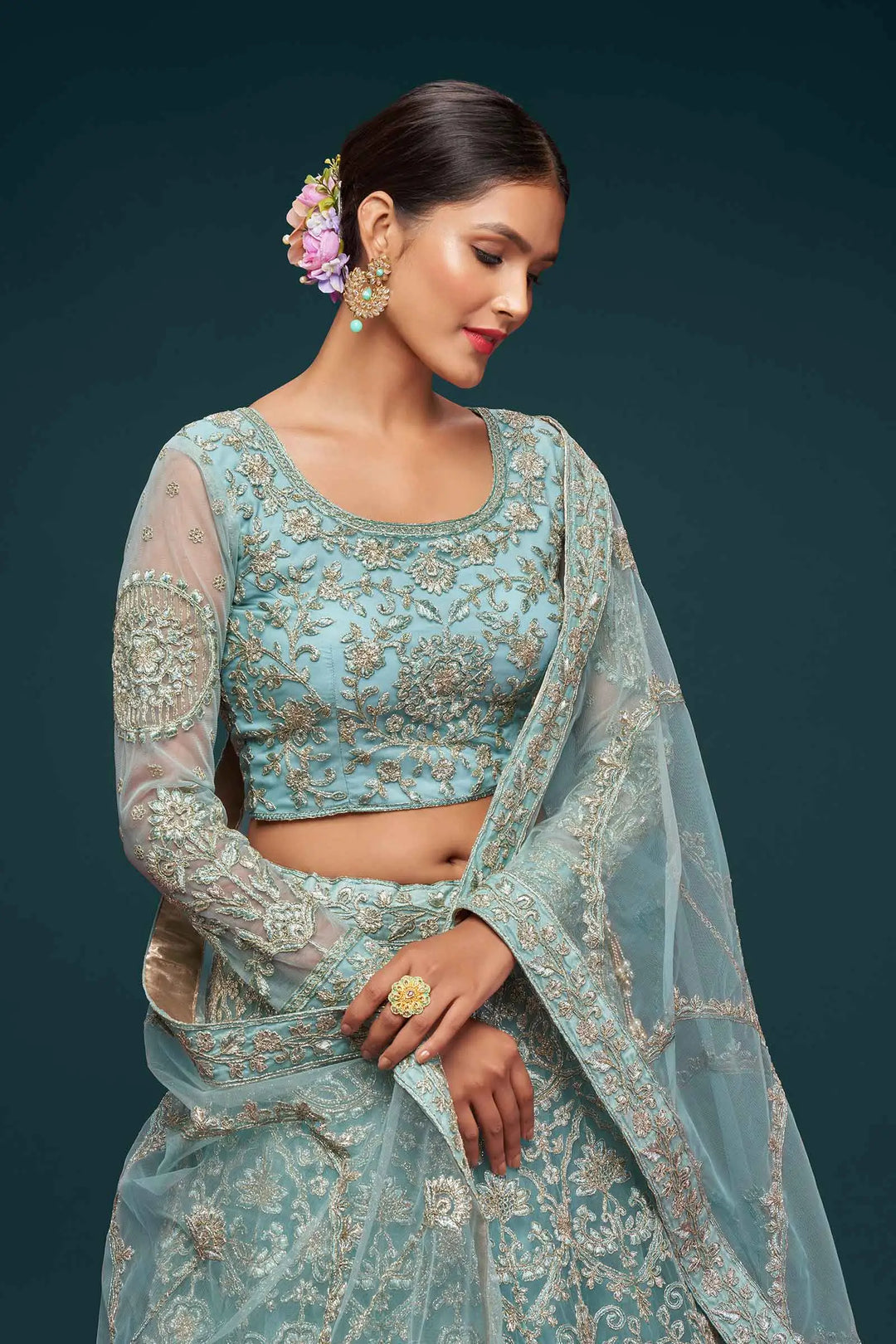 Ocean Aqua Soft Net Lehenga With Thread Zari Badla And Glitter Dori Embroidery Work | Ready To Wear - qivii
