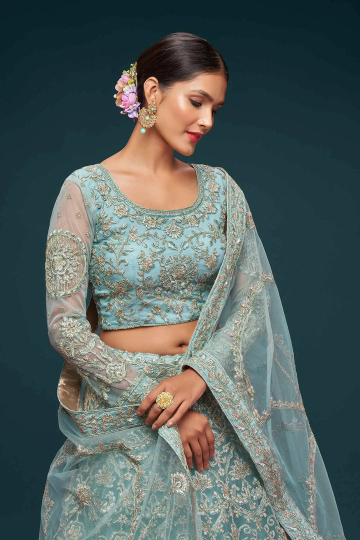 Ocean Aqua Soft Net Lehenga With Thread Zari Badla And Glitter Dori Embroidery Work | Ready To Wear - qivii