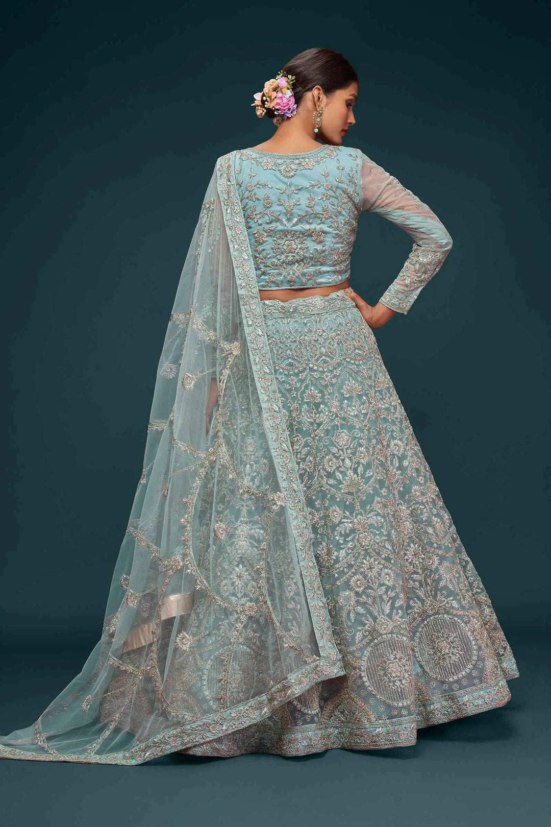 Ocean Aqua Soft Net Lehenga With Thread Zari Badla And Glitter Dori Embroidery Work | Ready To Wear - qivii