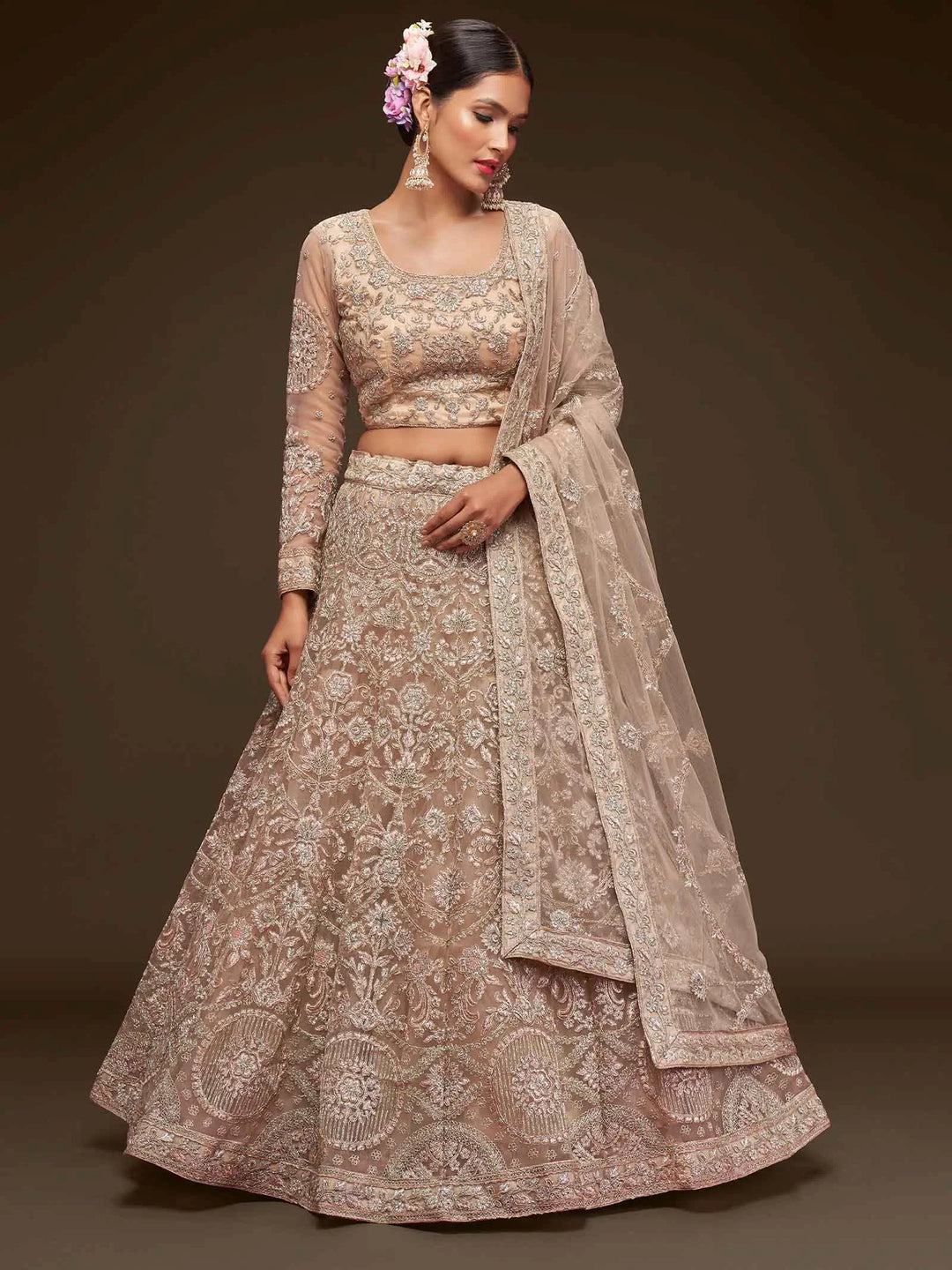 Royal Beige Soft Net Lehenga With Thread Zari Badla And Glitter Dori Embroidery Work | Ready To Wear - qivii