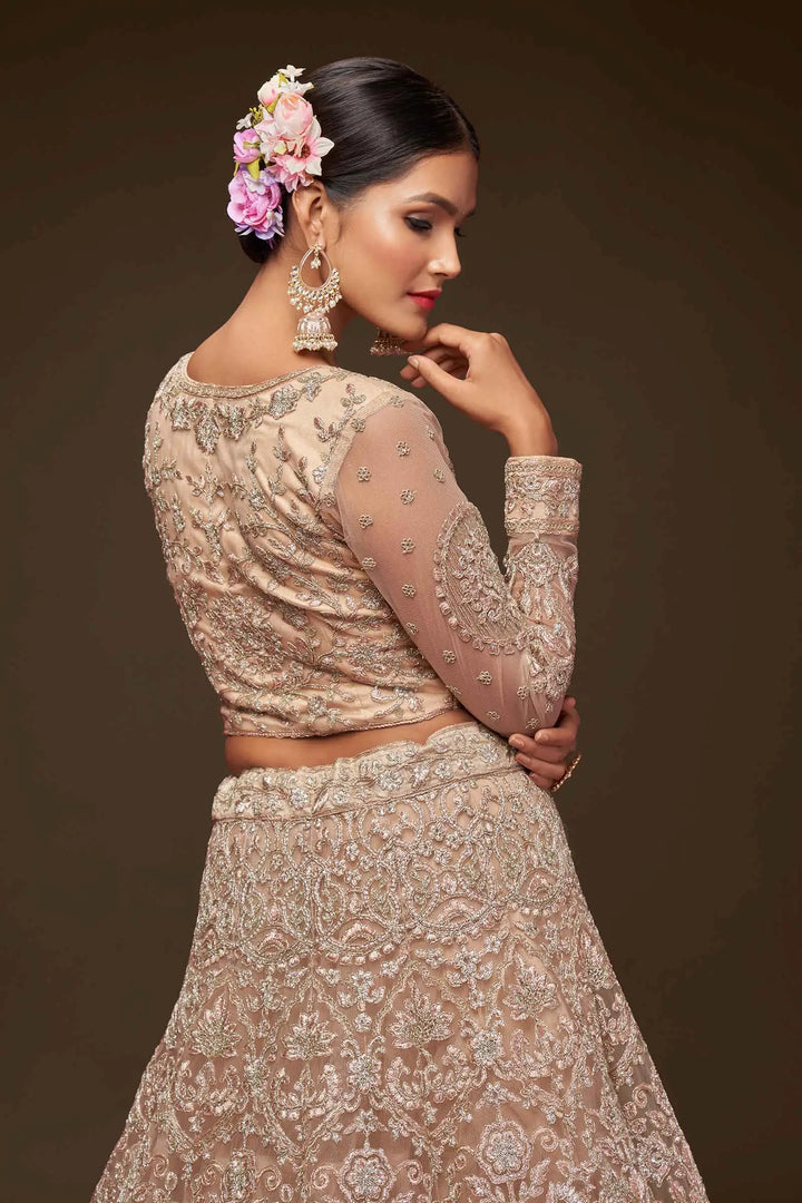 Royal Beige Soft Net Lehenga With Thread Zari Badla And Glitter Dori Embroidery Work | Ready To Wear - qivii