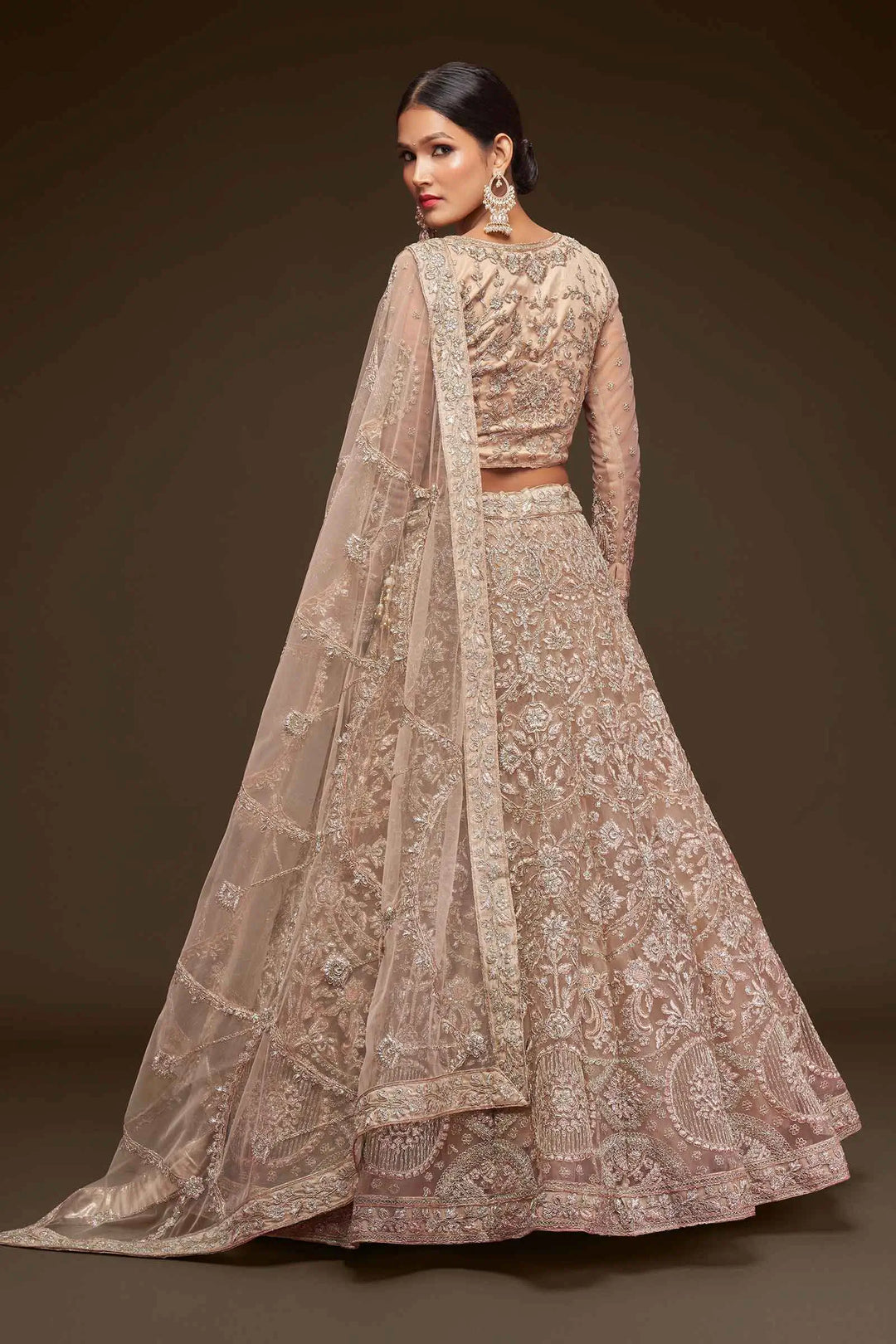 Royal Beige Soft Net Lehenga With Thread Zari Badla And Glitter Dori Embroidery Work | Ready To Wear - qivii