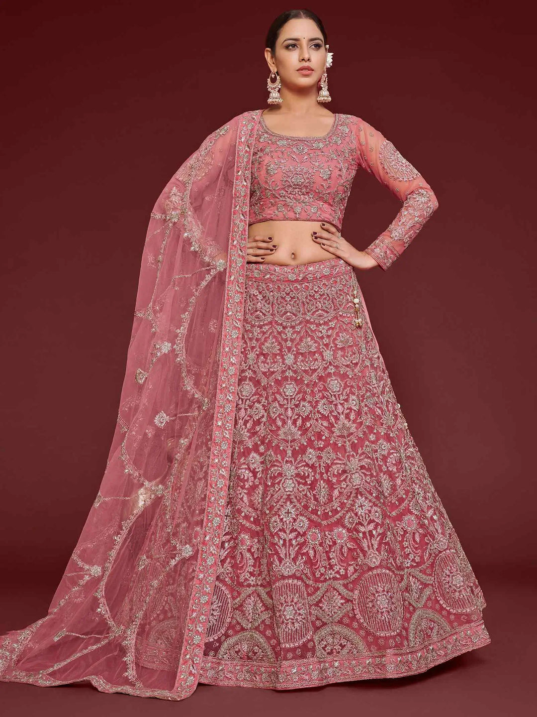 Fnatasy Rose Thread Zari Badla And Glitter Dori Embroidery Work Soft Net Lehenga Choli | Ready To Wear - qivii