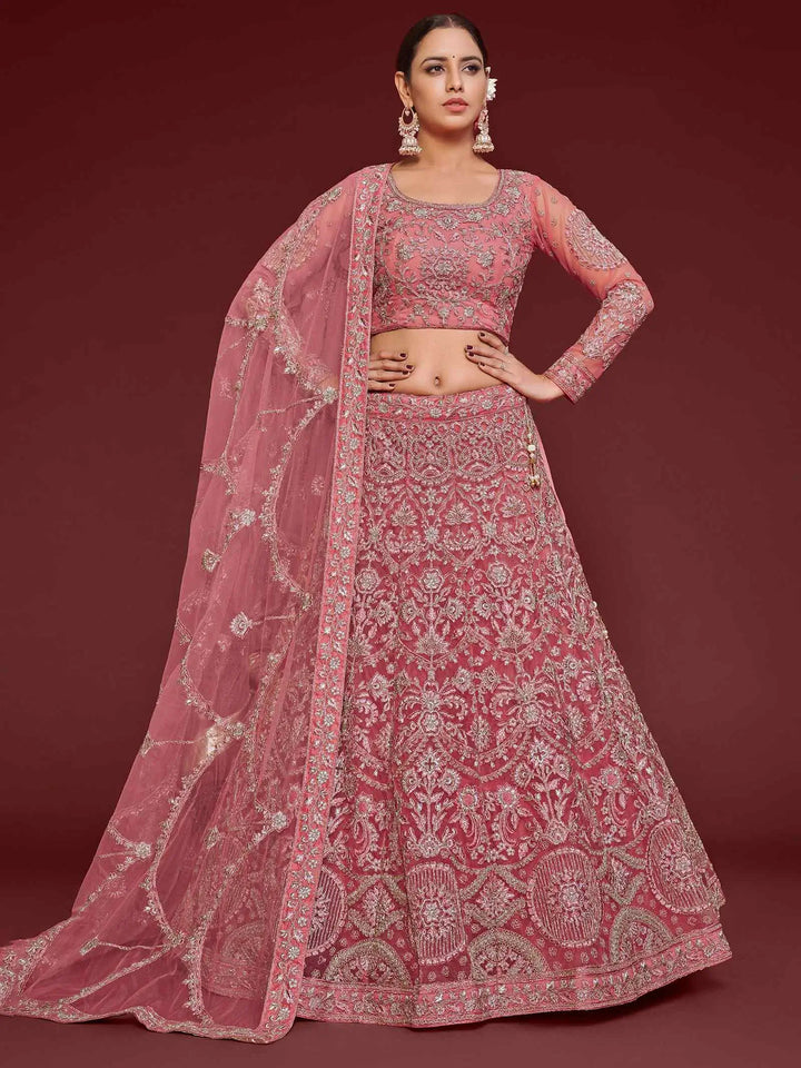 Fnatasy Rose Thread Zari Badla And Glitter Dori Embroidery Work Soft Net Lehenga Choli | Ready To Wear - qivii