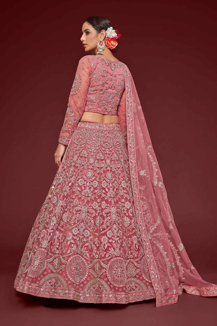 Fnatasy Rose Thread Zari Badla And Glitter Dori Embroidery Work Soft Net Lehenga Choli | Ready To Wear - qivii