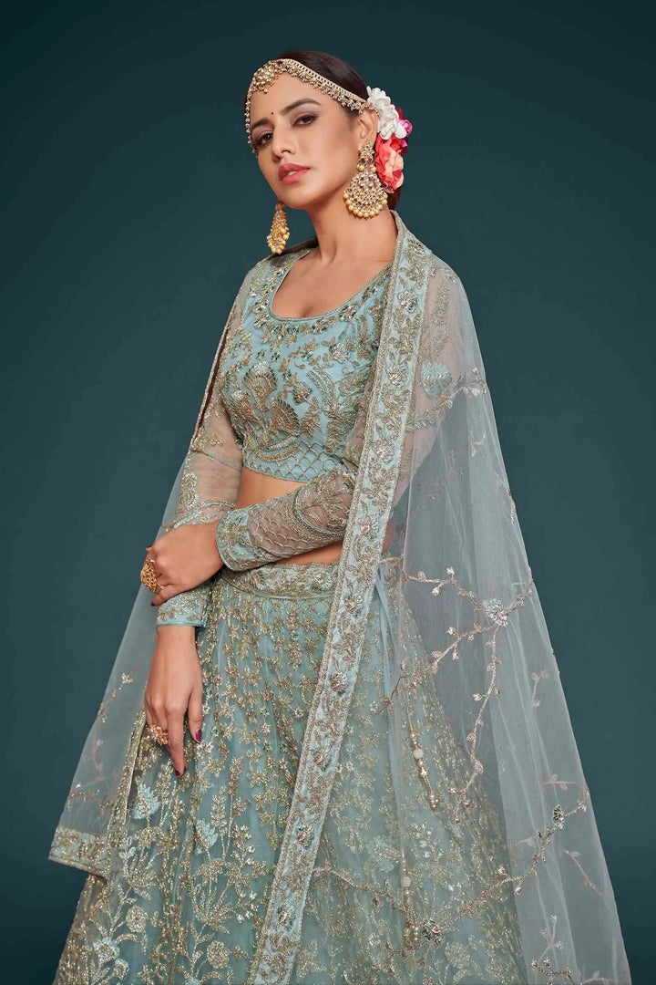 Ocean Aqua Thread Zari Badla And Glitter Dori Embroidery Work Soft Net Lehenga Choli | Ready To Wear - qivii