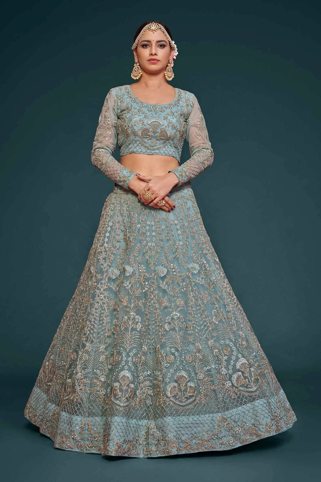 Ocean Aqua Thread Zari Badla And Glitter Dori Embroidery Work Soft Net Lehenga Choli | Ready To Wear - qivii