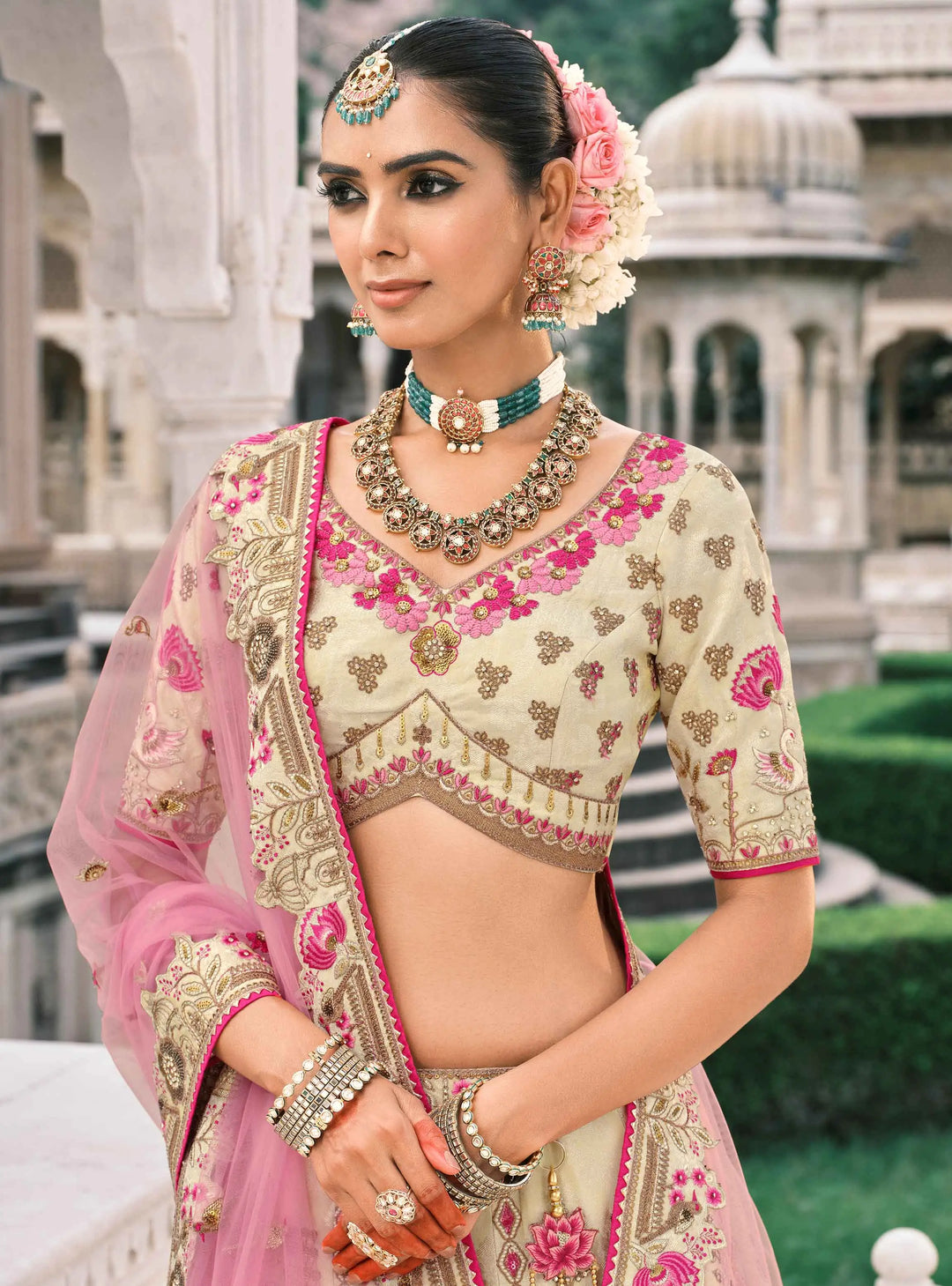 Designer Beige Bridal Lehenga With Stunning Embroidery - qivii