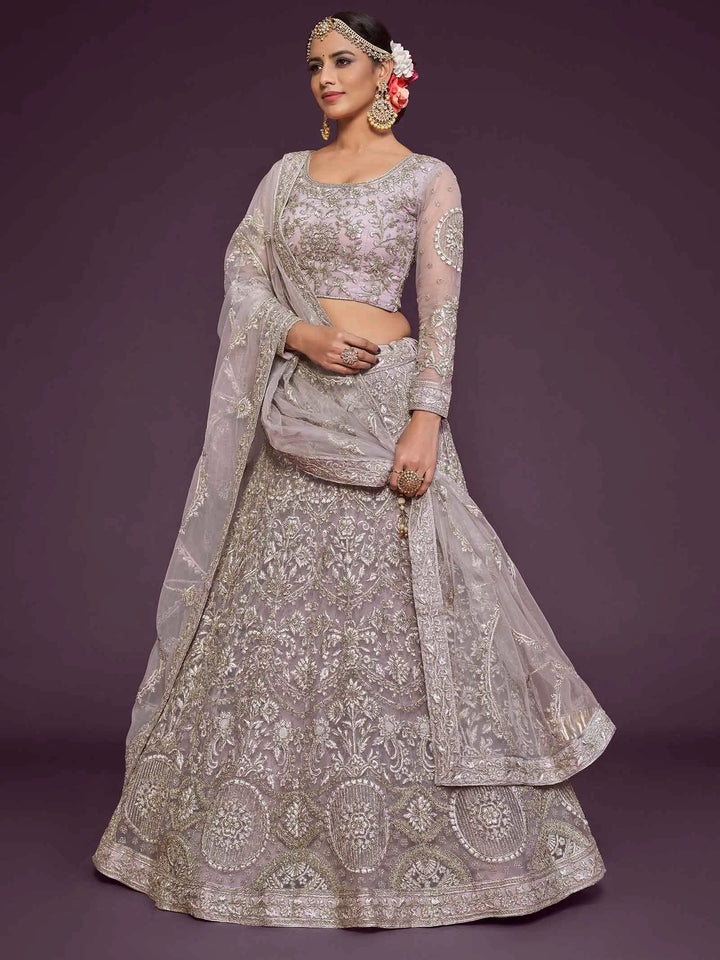 Dusky Orchid Soft Thread Zari Badla And Glitter Dori Embroidery Work Soft Net Lehenga Choli | Ready To Wear - qivii