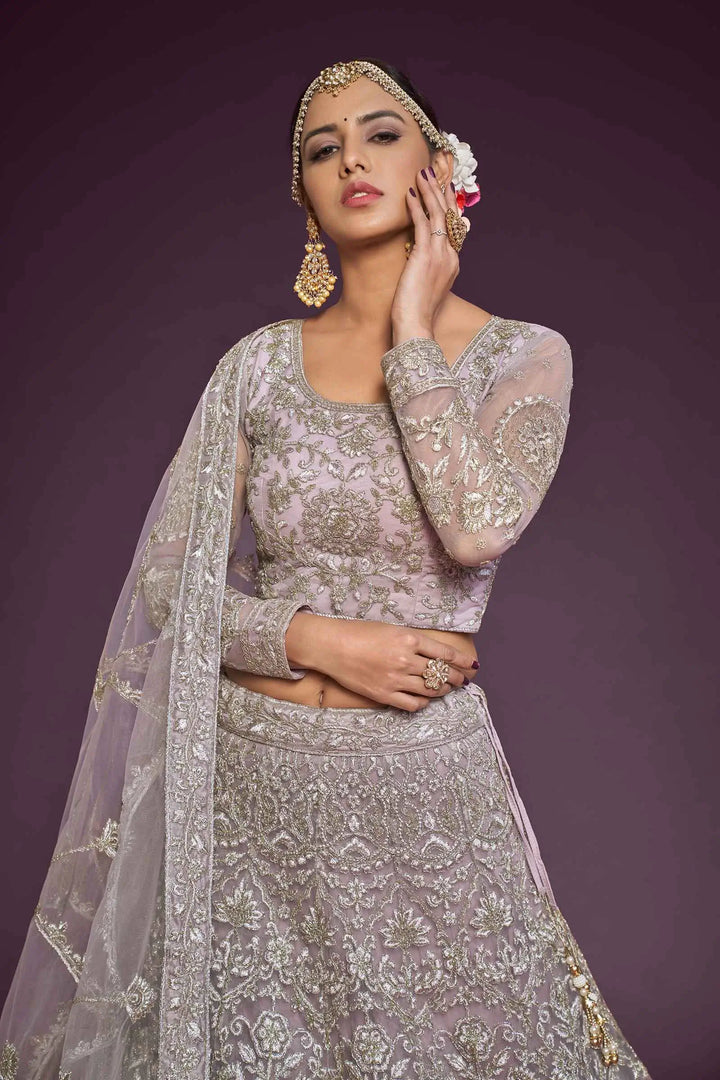 Dusky Orchid Soft Thread Zari Badla And Glitter Dori Embroidery Work Soft Net Lehenga Choli | Ready To Wear - qivii