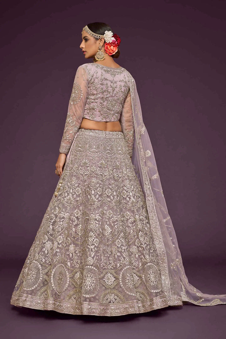 Dusky Orchid Soft Thread Zari Badla And Glitter Dori Embroidery Work Soft Net Lehenga Choli | Ready To Wear - qivii