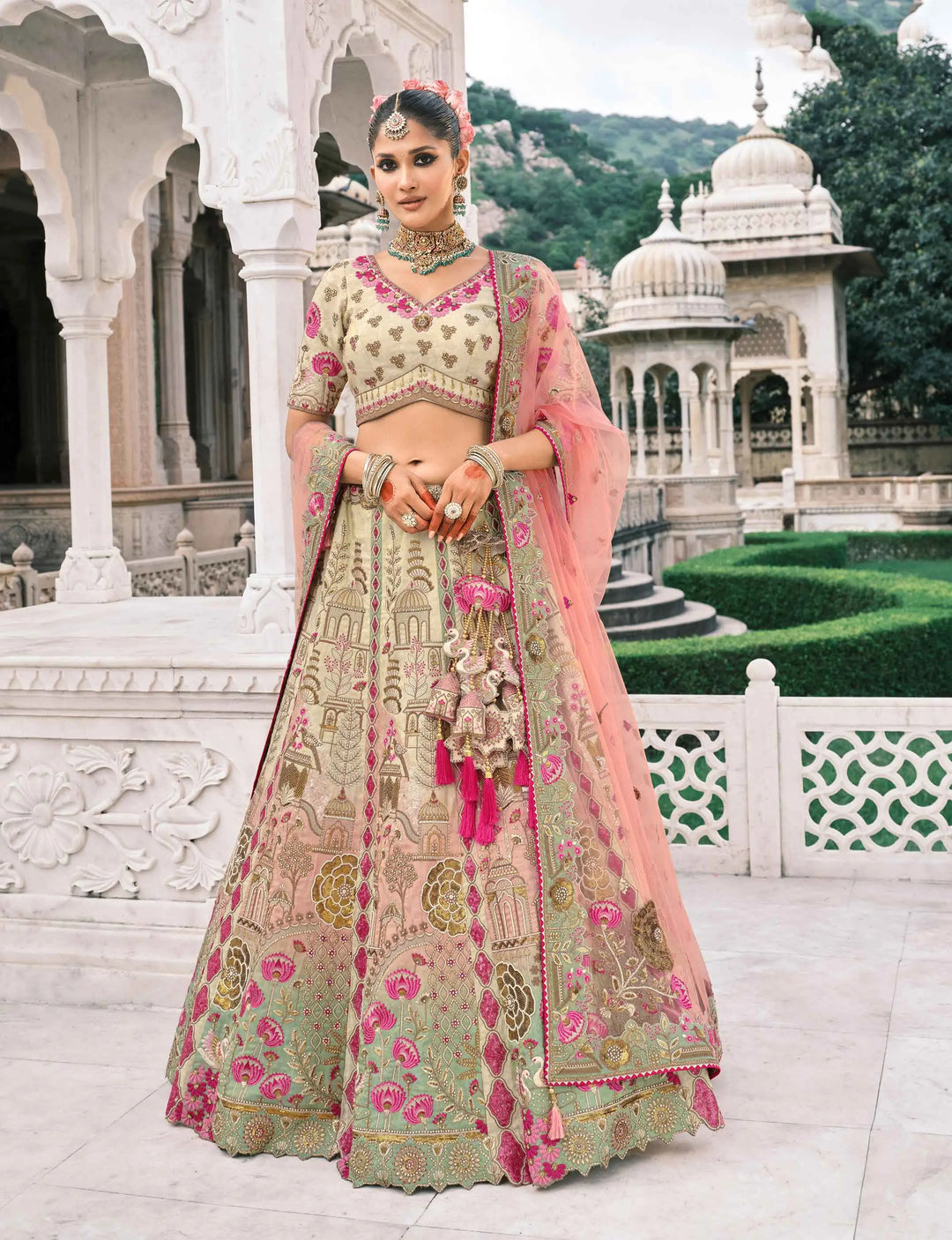 Beige Stunning Designer Embroidery Work Bridal Lehenga - qivii