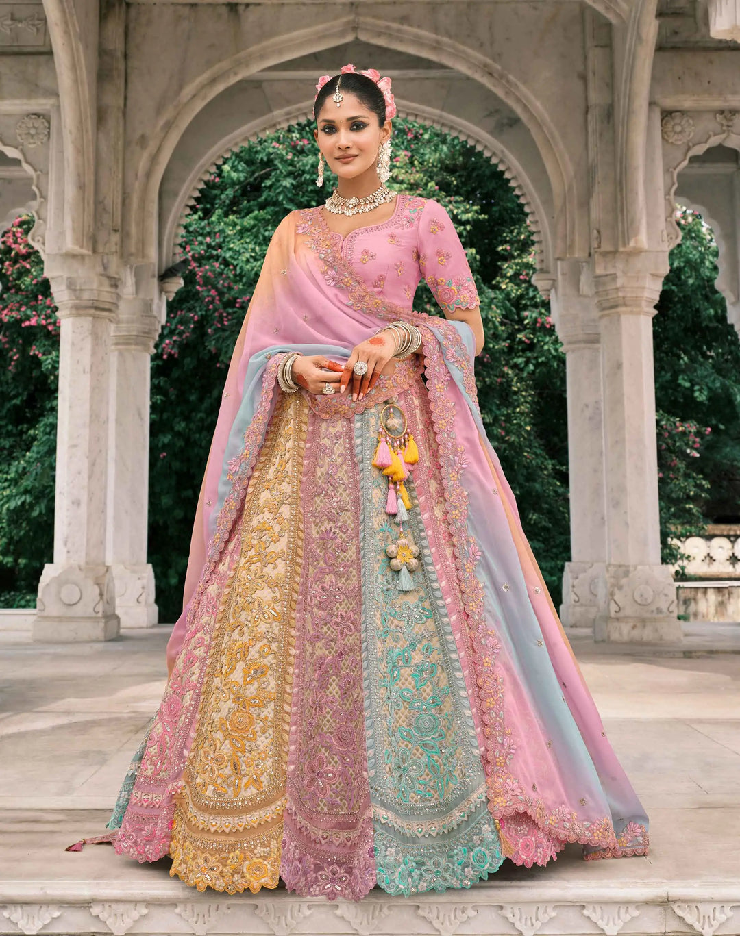 Pastel Multi Bridal Lehenga With Designer Embroidery - qivii