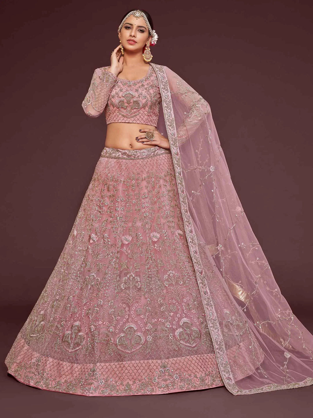 Pearl Pink Soft Net Lehenga With Thread Zari Badla And Glitter Dori Embroidery Work | Ready To Wear - qivii