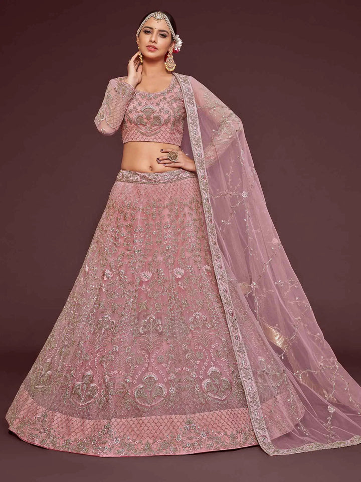 Pearl Pink Soft Net Lehenga With Thread Zari Badla And Glitter Dori Embroidery Work | Ready To Wear - qivii