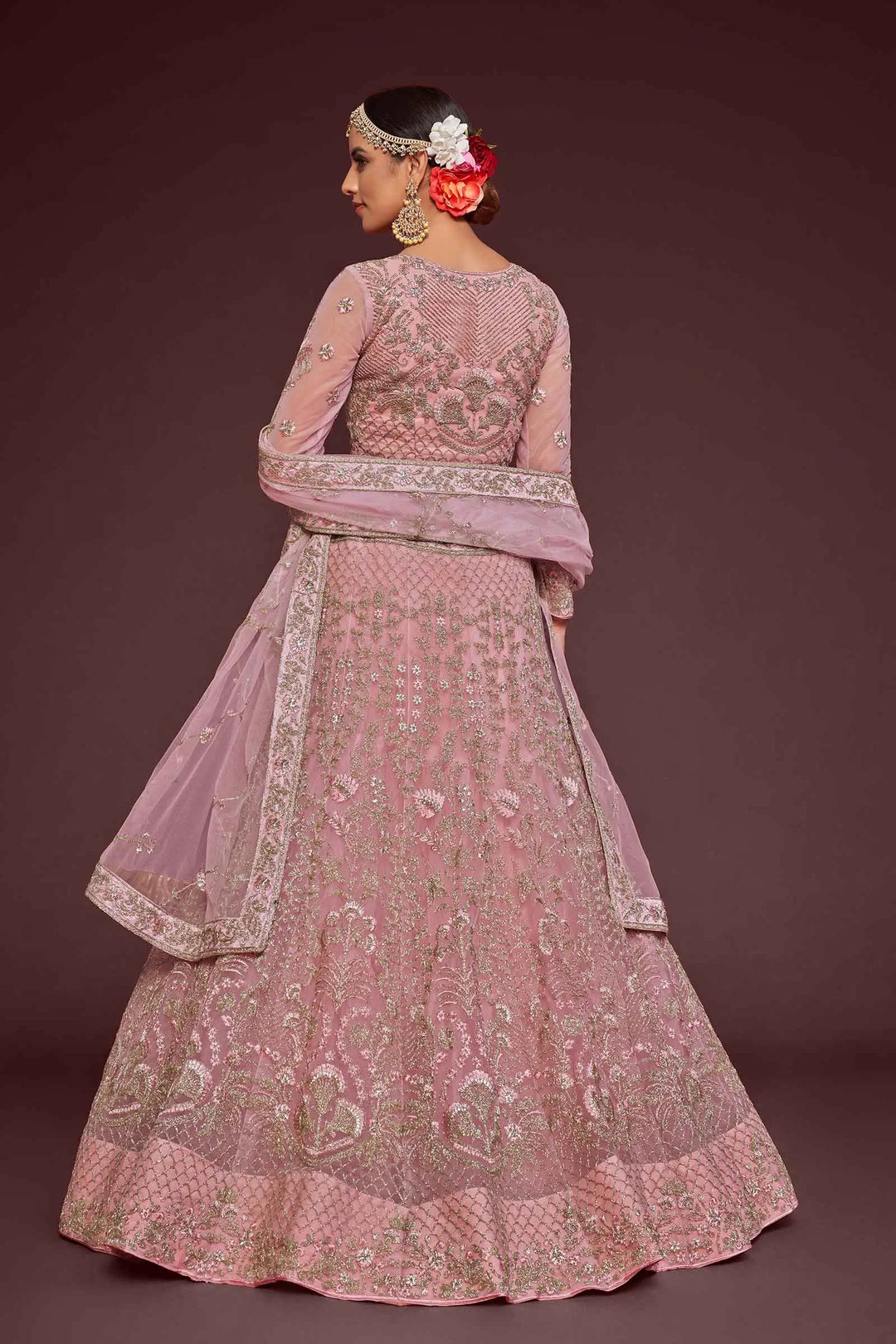 Pearl Pink Soft Net Lehenga With Thread Zari Badla And Glitter Dori Embroidery Work | Ready To Wear - qivii