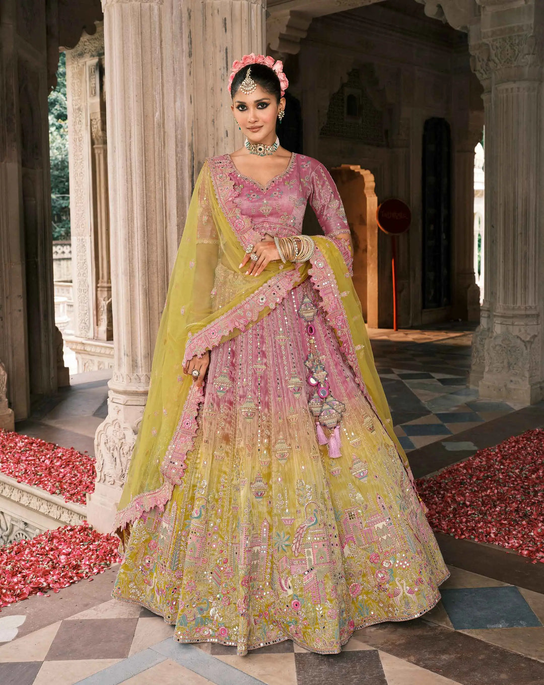 Pink Yellow Bridal Lehenga With Designer Embroidery - qivii