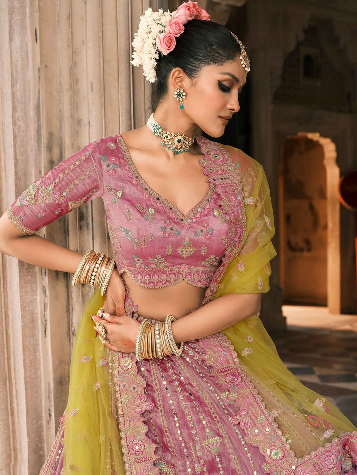 Pink Yellow Bridal Lehenga With Designer Embroidery - qivii