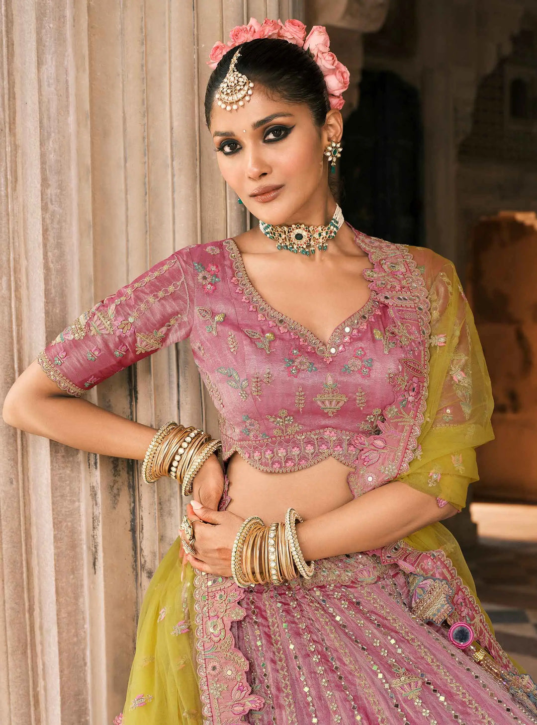 Pink Yellow Bridal Lehenga With Designer Embroidery - qivii