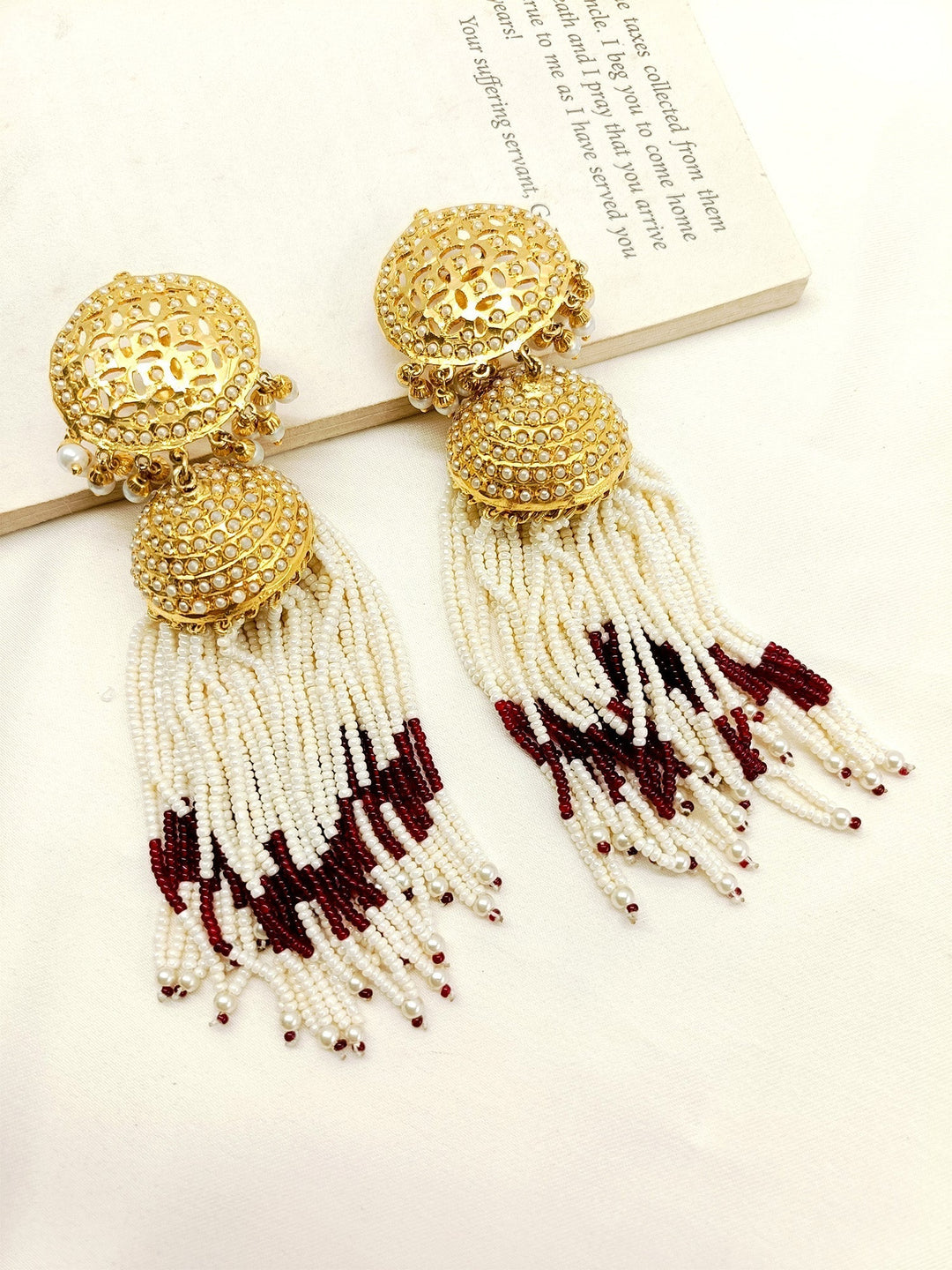 Kaashni Maroon Jadau Jhumki earrings with intricate gold and maroon detailing