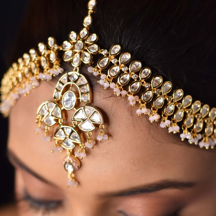 Mira Gold Plated Baby Pink Kundan Mathapatti - qivii