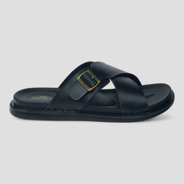 SKEROO 6408 Men's BLACK Chappal/Flip flop/Slipper Extra Soft Chappal Slipper Ethnic Wear Leather With Adjustable Buckle Strap Navratri Fashion Footwear. - qivii