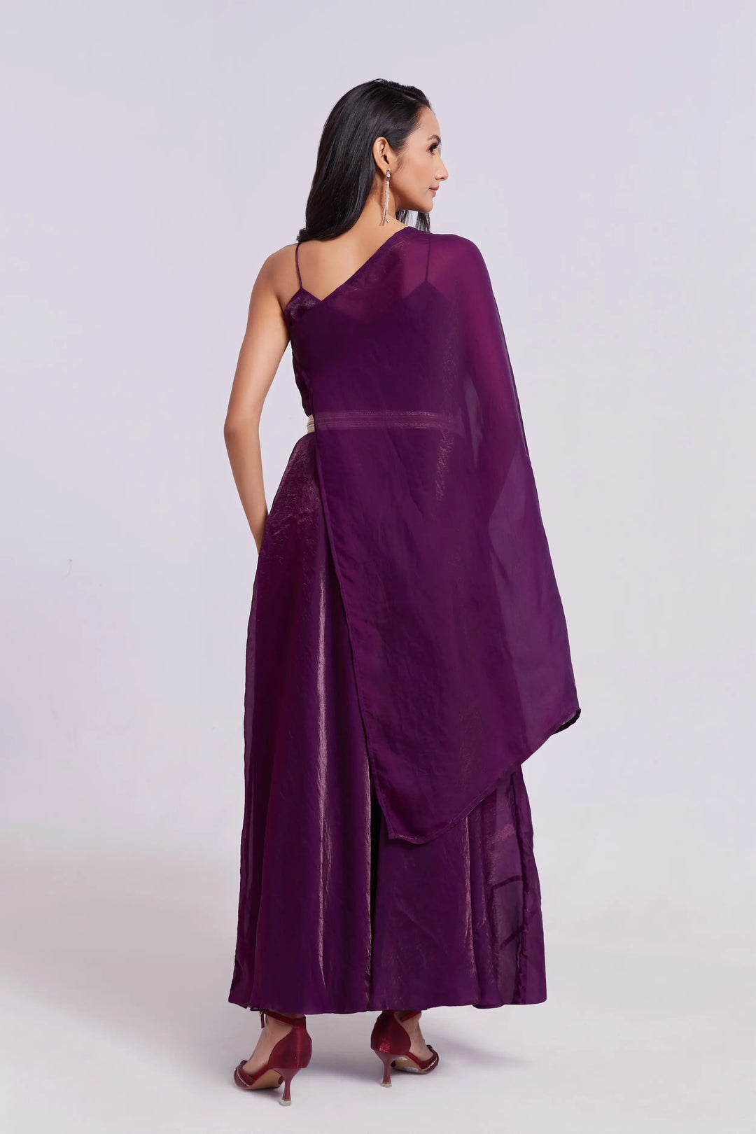 Wine Pure Organza Gown With Dupatta - qivii