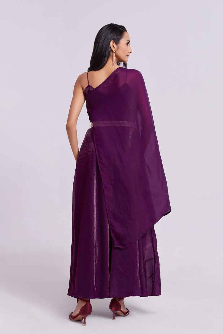 Wine Pure Organza Gown With Dupatta - qivii
